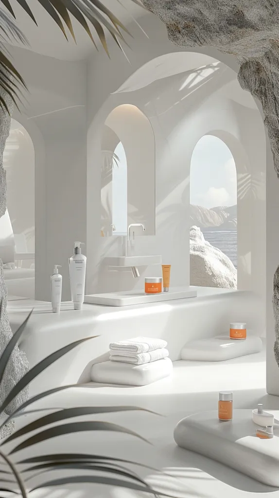 A minimalist bathroom with white walls, a white sink, and white towels. The room features arched windows that look out onto a calm ocean scene. The room is decorated with a few small bottles of lotion and a few jars of cream.  The scene is bright and airy, giving a feeling of peace and tranquility.  A large palm leaf peeks in from the left of the frame.