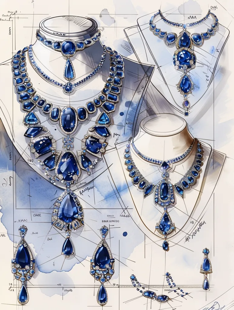 The image is a watercolor painting of jewelry designs. There are three necklaces, a pair of earrings and a bracelet, all set on a white background with blue watercolor washes. The designs feature large, pear-shaped sapphire gemstones surrounded by smaller diamonds and other gemstones. The artist has meticulously rendered each detail of the jewelry with precision and skill.