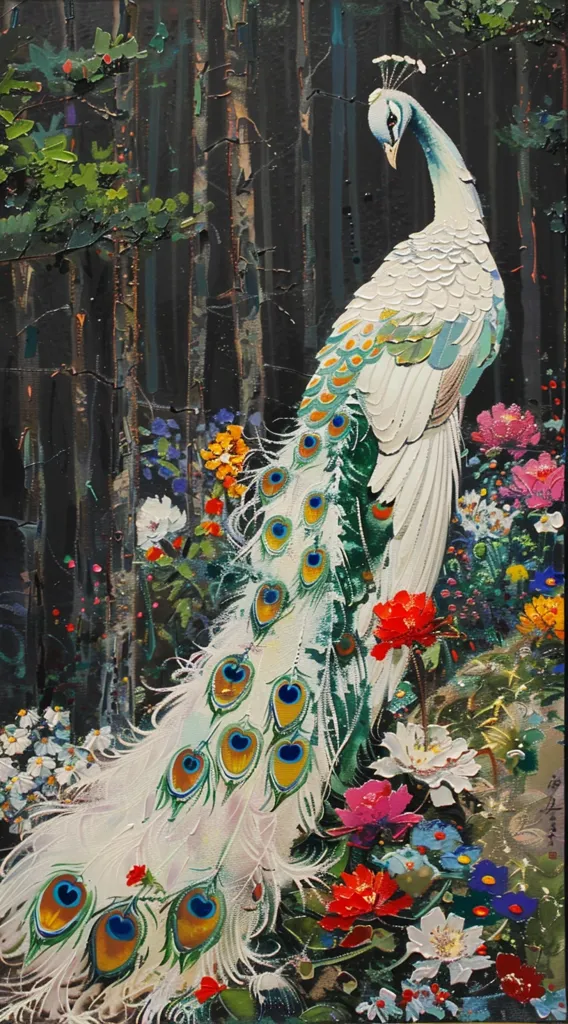 The painting depicts a white peacock standing in a lush, colorful garden. The peacock's feathers are a vibrant blue, green, and yellow, and its tail feathers are spread out in a beautiful display. The garden is filled with flowers in various shades of pink, red, yellow, and blue. The background is a dark forest, which provides a stark contrast to the vibrant colors of the foreground. The painting is a beautiful example of the artist's skill in capturing the beauty of nature.