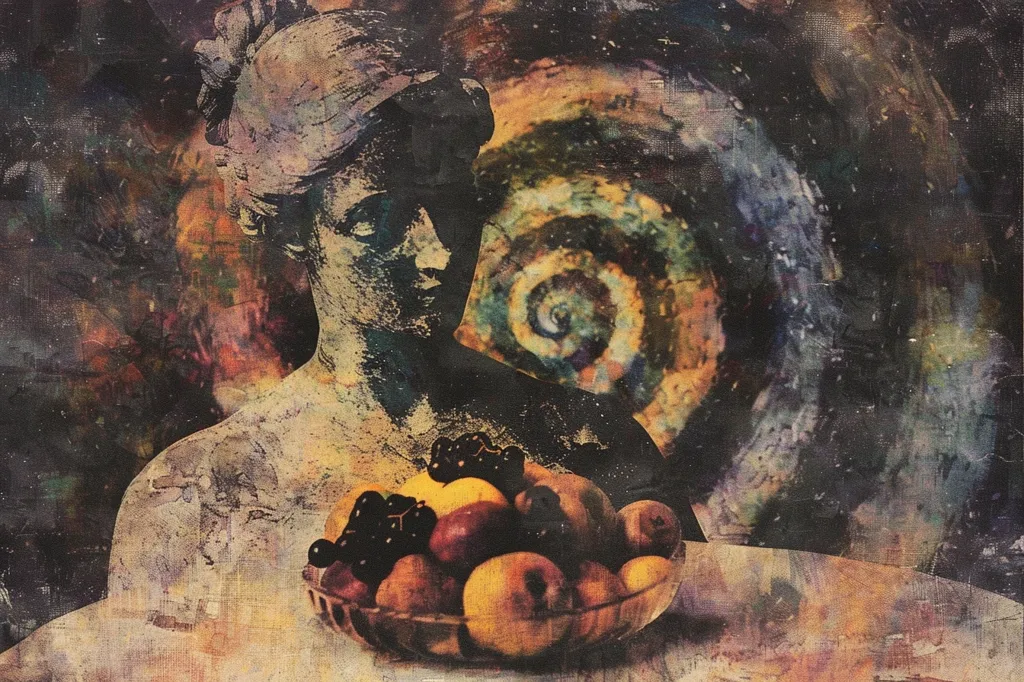 The image is a surreal painting with a central figure of a woman with a spiral backdrop. The woman has a stony, almost sculpted appearance, with her hair wrapped up in a turban. In the foreground, a glass bowl filled with a variety of fruits and dark berries sits on a table with a rough, textured surface.  The overall feeling is one of mystery and dreamlike quality.