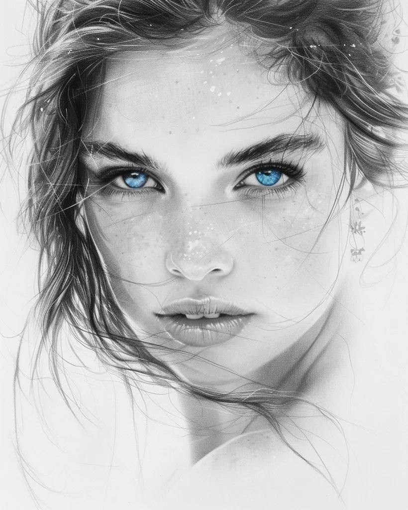 A close-up, black and white portrait of a woman with long, flowing hair. Her bright blue eyes stand out against the grayscale backdrop. Her face is adorned with freckles, and she has a serious expression. The image is drawn with fine detail and captures a sense of realism.  The light, airy background complements the sharp focus on the woman's face.