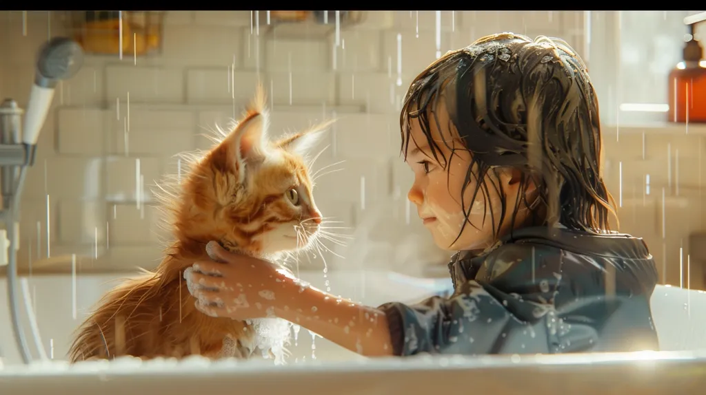 A young girl with wet hair sits in a bathtub, a ginger cat in her lap. Both are getting wet from a shower overhead. The girl's face is turned towards the cat, who is looking back at her with interest. The scene is intimate and heartwarming, with the cat's furry coat and the girl's wet hair making it particularly soft and appealing.