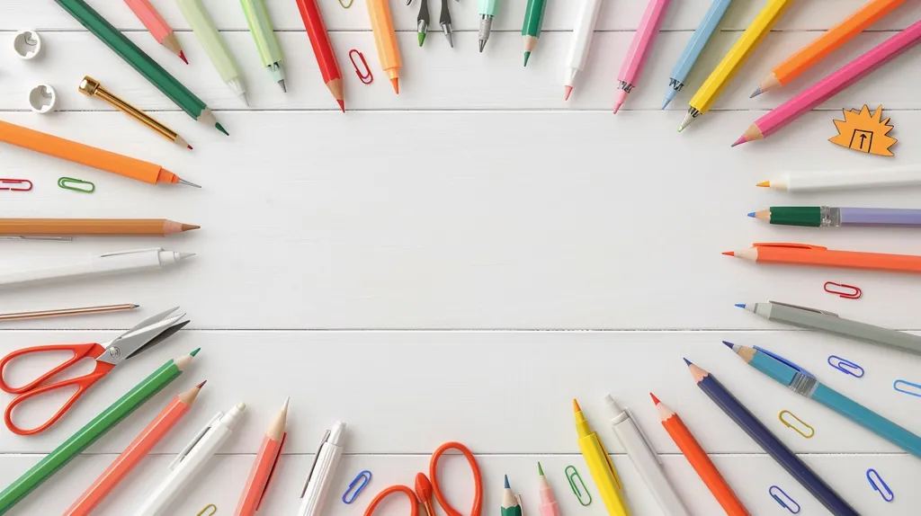 A white wooden surface is surrounded by a variety of colorful stationery items. There are pencils, pens, scissors, rulers, and paperclips scattered around the edge of the image, creating a vibrant and inviting frame. The clean white background provides a blank canvas for creativity and imagination.