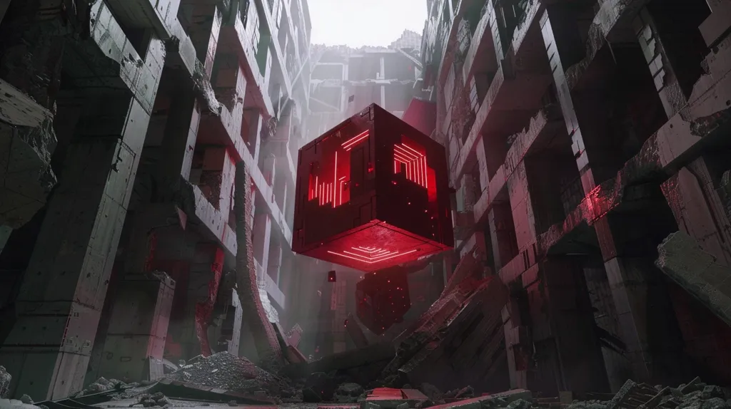 A glowing red cube hovers in a dilapidated, crumbling building. The cube emits a red light, illuminating the cracked concrete and debris below. The atmosphere is eerie and desolate, creating a sense of mystery and intrigue. The image suggests a futuristic dystopian setting where technology and nature clash.