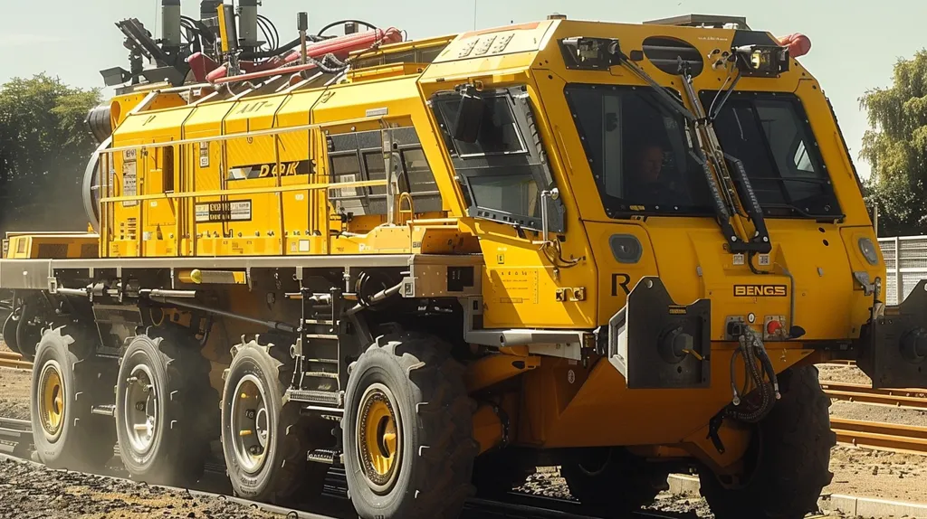 A large, yellow, industrial vehicle sits on a railway track. It has multiple sets of wheels, including large, treaded tires in the back. It has a large, yellow cab with a  windshield and a large \