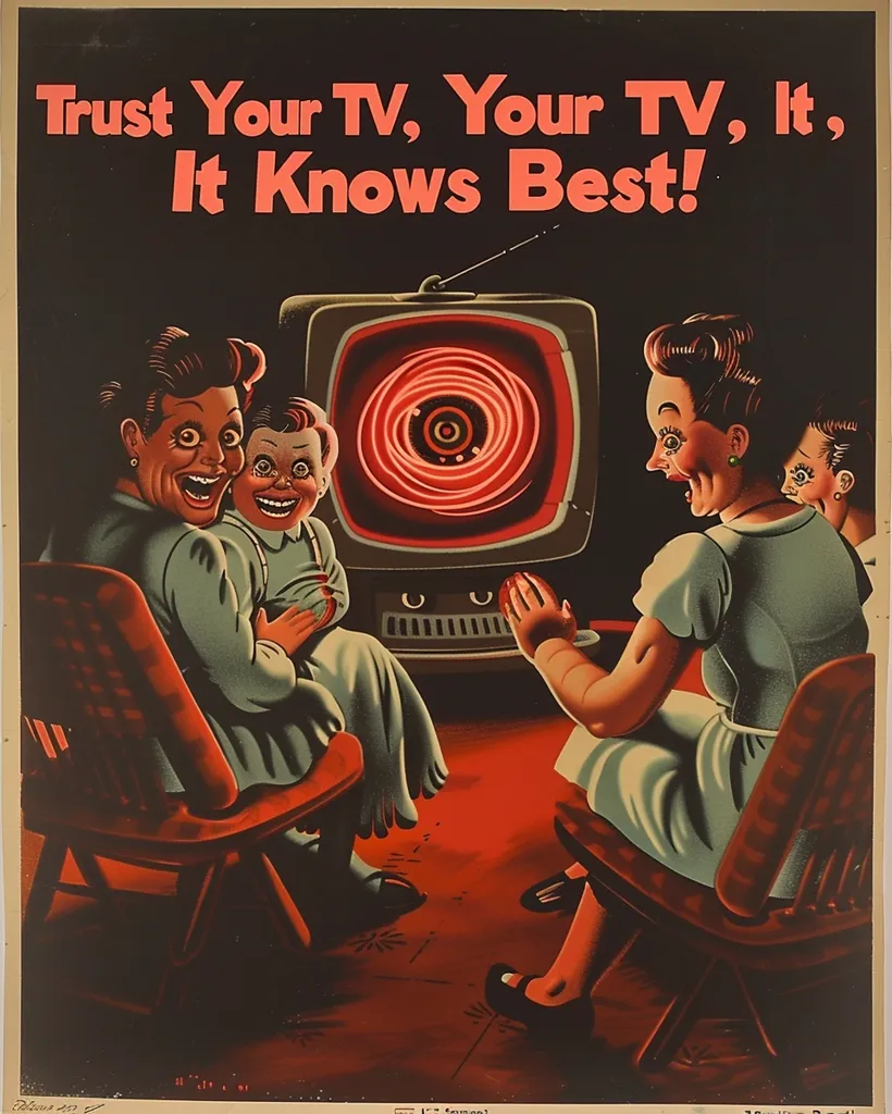 The image is a satirical poster featuring a television with a hypnotic swirling pattern on the screen. Three people, including two adults and a child, are sitting in front of the television, mesmerized by its hypnotic effect. The poster features the text "Trust Your TV, Your TV, It Knows Best!" with an exclamation mark, highlighting the dangers of excessive television watching.  The image is stylized in a retro art style and uses vibrant colors to create a surreal and unsettling mood.