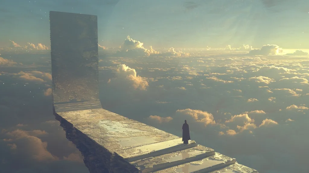The image depicts a lone figure standing at the edge of a long, floating platform, with a large, rectangular structure behind them. The platform extends into the distance, disappearing into a sea of clouds. The sky is a soft blue, with golden hues from the setting sun. The figure is silhouetted against the sky, adding to the sense of mystery and isolation.