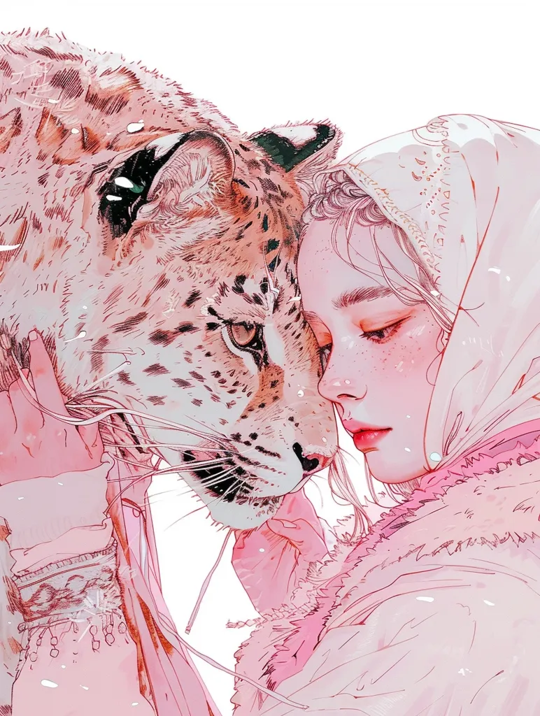 A young woman with delicate features and rosy cheeks is shown in close proximity to a large leopard. The woman is wearing a pink hooded coat, and the leopard's fur is a soft, dappled brown. The two share a moment of intimacy, their eyes meeting with tenderness. The image is rendered in soft, watercolor-like strokes, creating a sense of ethereal beauty. The background is a simple white, allowing the focus to remain on the woman and the leopard.