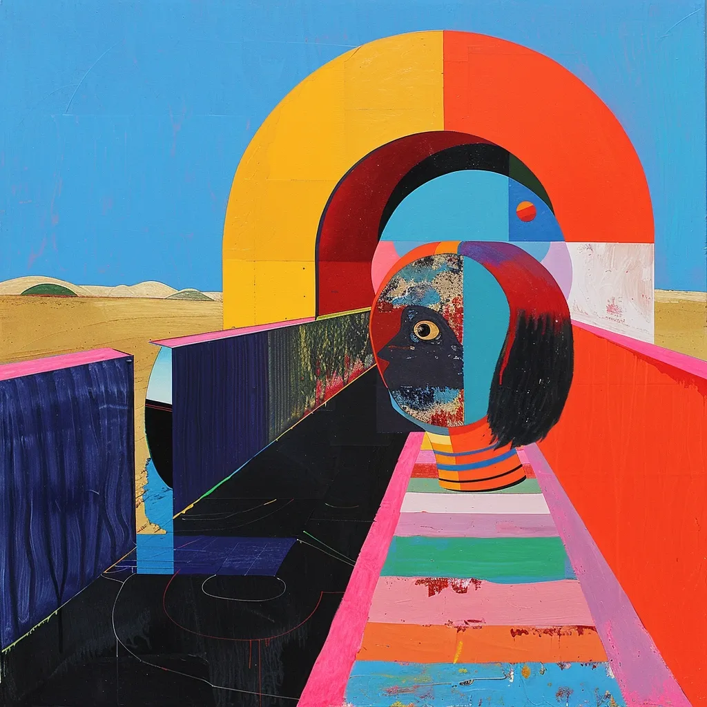The image is an abstract painting with a colorful and geometric style. It features a large, segmented archway made up of yellow, red, and blue sections. A head-shaped object with a black bird-like figure inside is positioned beneath the archway. The background is a vibrant blue sky with a landscape of sand dunes in the distance. The painting uses bold colors and contrasting shapes to create a sense of depth and perspective.  The overall mood is one of playful abstraction and surrealism.