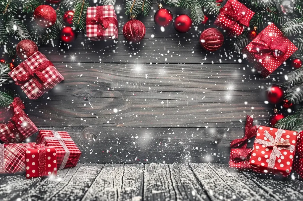 A festive Christmas background with a wooden surface covered in snow. The image is decorated with red and white checkered and polka dot gift boxes, red Christmas baubles, and green pine branches. The background is a grey, weathered wooden surface. The image suggests a cozy and festive atmosphere for the holiday season.