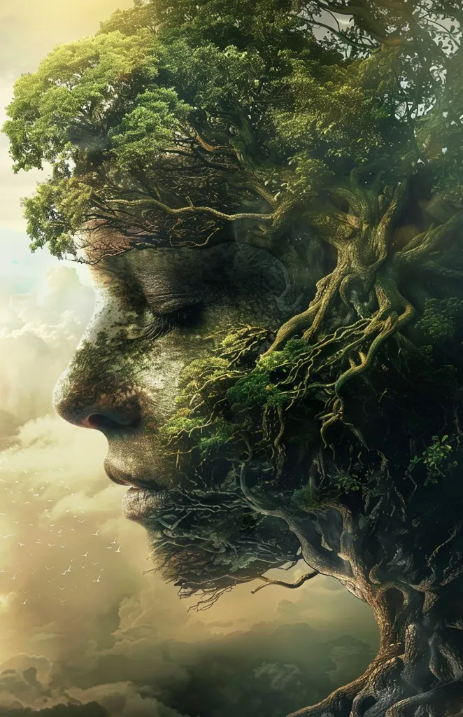 The image depicts a large, ancient tree that has grown into the shape of a human face. The tree's branches and roots form the features of the face, with the leaves and bark creating a textured and natural look. The image is set against a background of clouds, suggesting a sense of timelessness and the power of nature. The face is serene and contemplative, with its eyes closed and its lips slightly parted. The image evokes a sense of peace, wonder, and the interconnectedness of life.