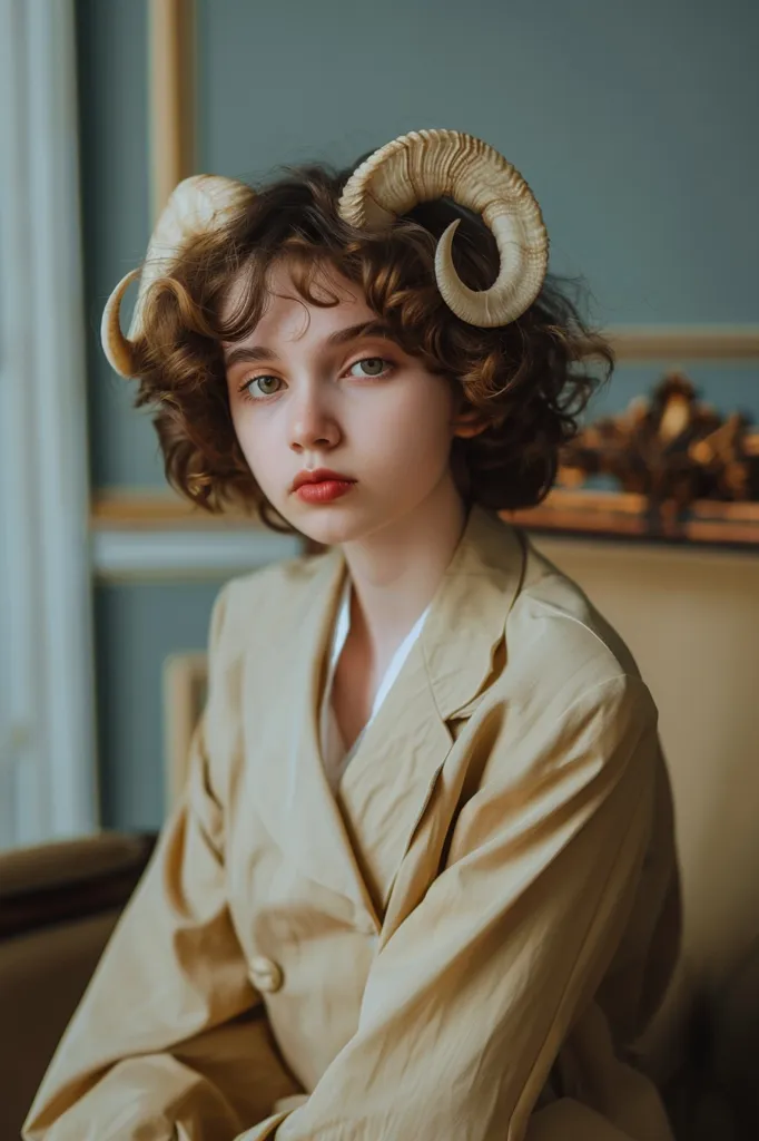 A young woman with curly brown hair and a serious expression wears a pair of large, curled, light-brown horns on her head. She is wearing a tan blazer and sitting in a chair. The background is blurred and out of focus. The image has a vintage feel.