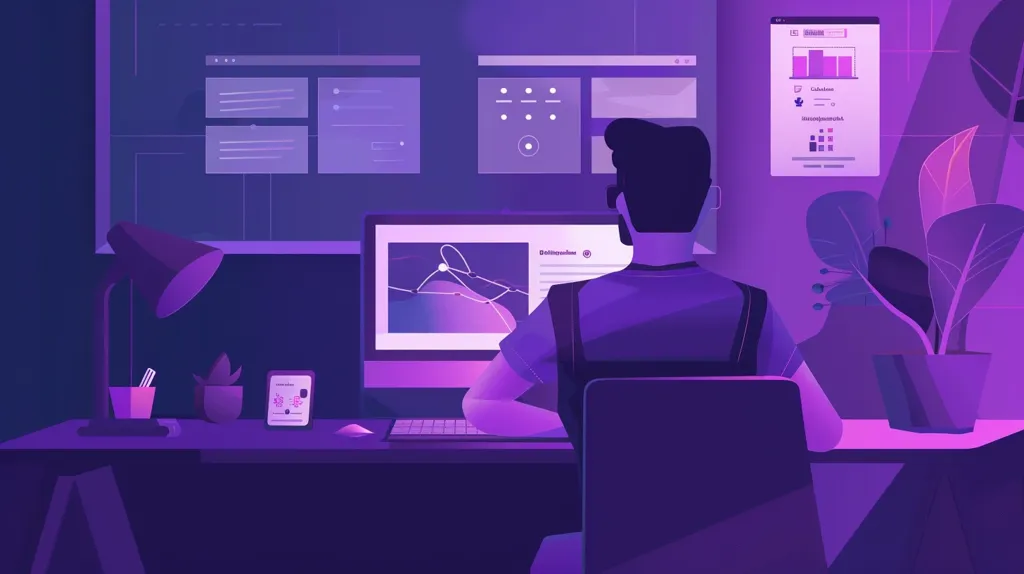 A person sits at a desk facing a computer screen. The desk is lit by a lamp and has a plant and a small device on it. The computer screen displays a graph and a website with a bar chart and some text. A plant is in the background. The image has a purple color scheme.