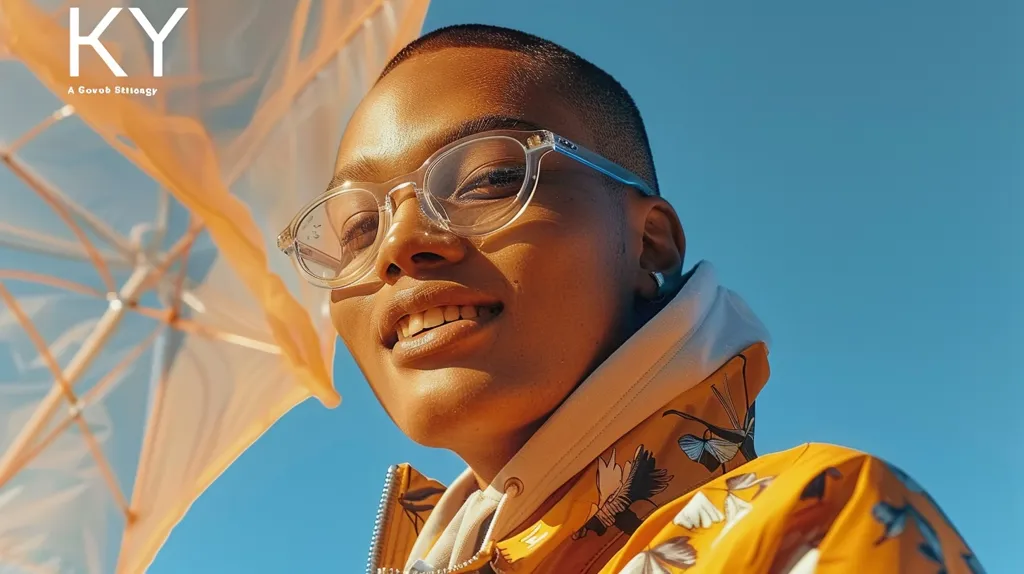 A person with a short haircut and wearing clear-framed glasses smiles brightly towards the camera. They are wearing a yellow jacket with floral designs and a white hoodie underneath. The background is a bright blue sky with a peach-colored umbrella partially obscuring the view.  The image is likely a fashion advertisement.