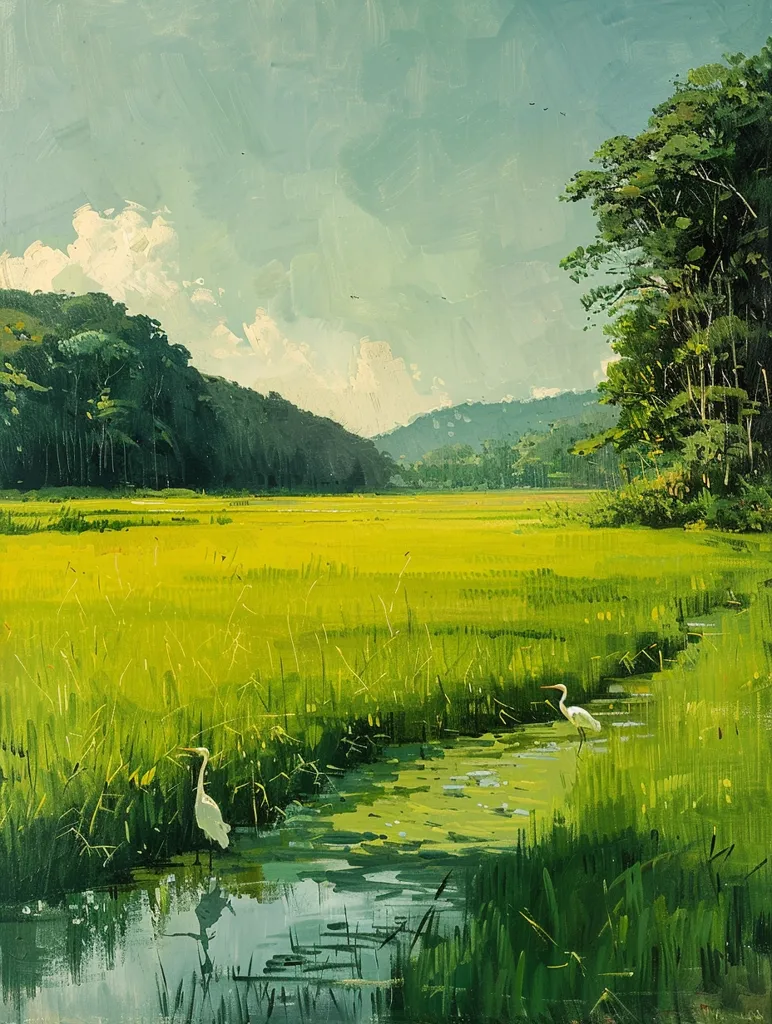 The painting depicts a serene landscape with a large expanse of lush green grass, a winding stream, and a distant forested area. Two white birds stand gracefully by the water's edge, adding a touch of life to the scene. The sky is a soft blue, with fluffy white clouds that cast shadows on the land. The overall impression is one of peacefulness and tranquility.
