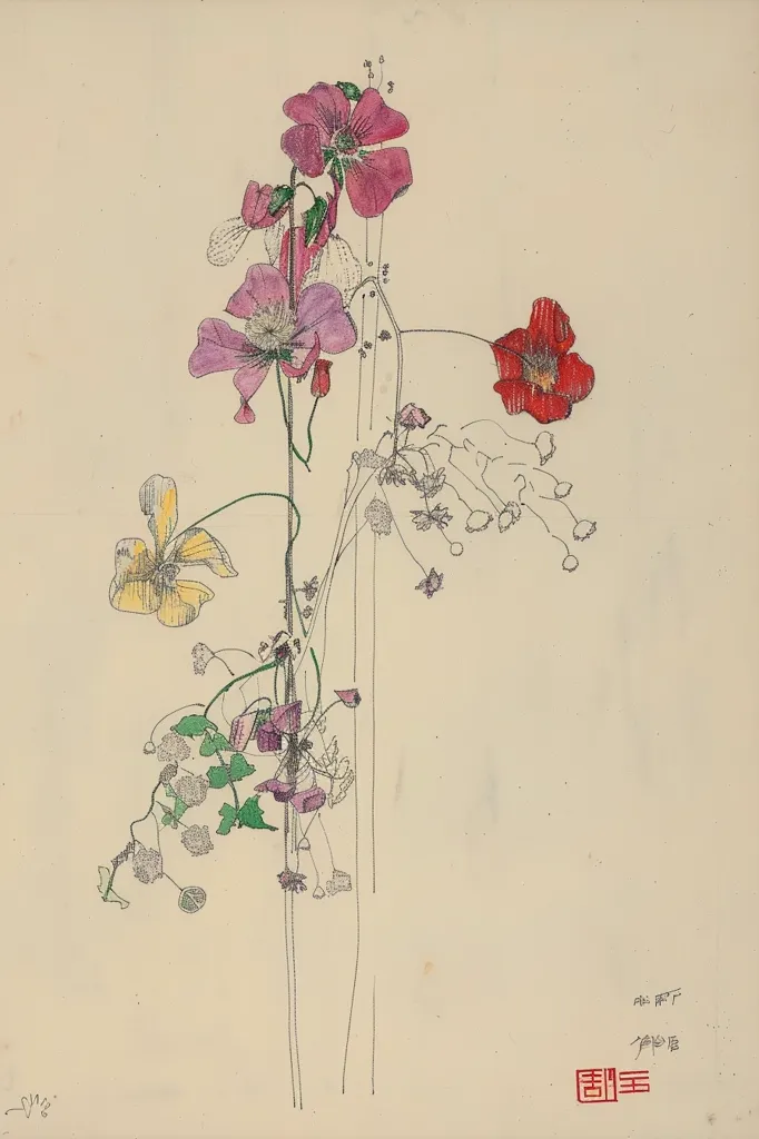 A delicate botanical illustration depicts a cluster of flowers, including a vibrant red flower at the top, pink flowers with detailed petals, and a pale yellow flower. Thin black lines represent stems and leaves, adding to the intricate detail. The flowers are arranged on a light beige background, making the colors pop. The image is signed in Japanese characters in the bottom right corner.