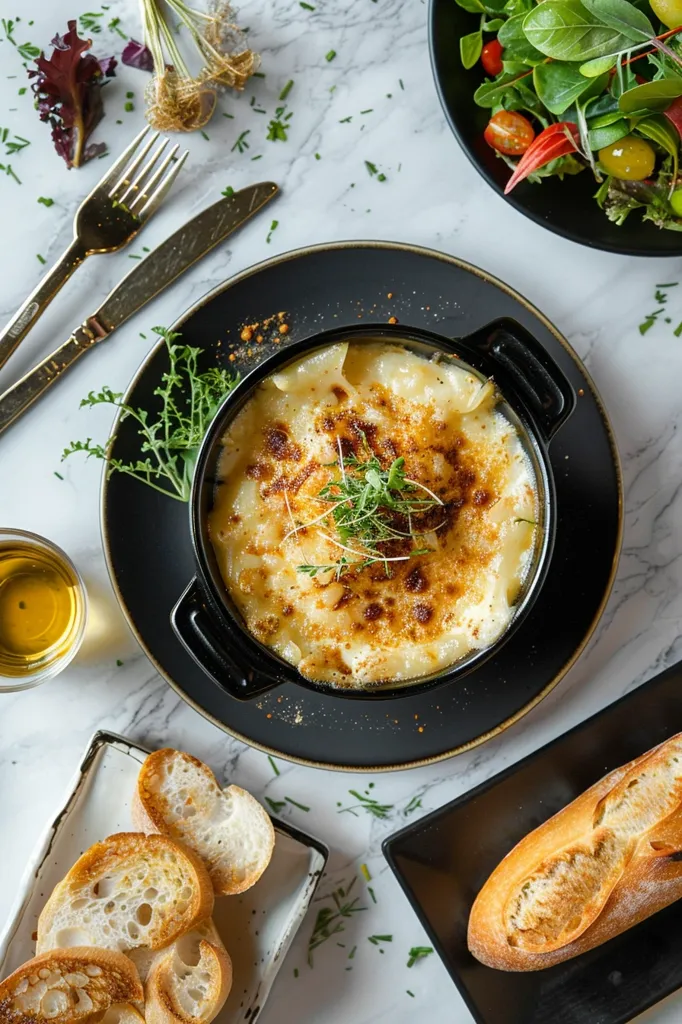 A black plate holds a small white ceramic dish filled with creamy, cheesy pasta topped with fresh herbs. The plate is on a white marble surface with other plates holding bread and a salad. There are two forks and a knife on the table.  The food appears to be a luxurious and comforting meal.  The light and airy composition highlights the deliciousness of the dish.