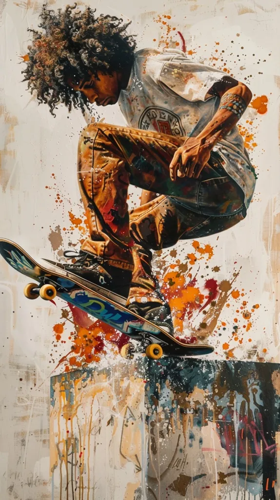 The painting depicts a young man with curly hair performing a skateboard trick, mid-air. He is dressed in a white t-shirt, brown pants, and blue jeans, with a red patch on his knee. His skateboard is black and blue with yellow wheels, and he is about to land on a textured concrete block. The background features a white canvas splashed with orange, red, and gold paint splatters. The overall style is dynamic and expressive, capturing the energy of skateboarding.