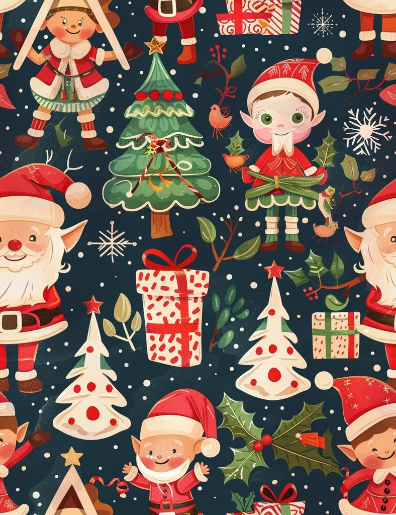 This festive image is a seamless pattern filled with Christmas cheer. It features elves, Santa Claus, Christmas trees, presents, holly, snowflakes and a cute little bird.  The vibrant colors, whimsical details, and festive elements create a cheerful and celebratory mood.