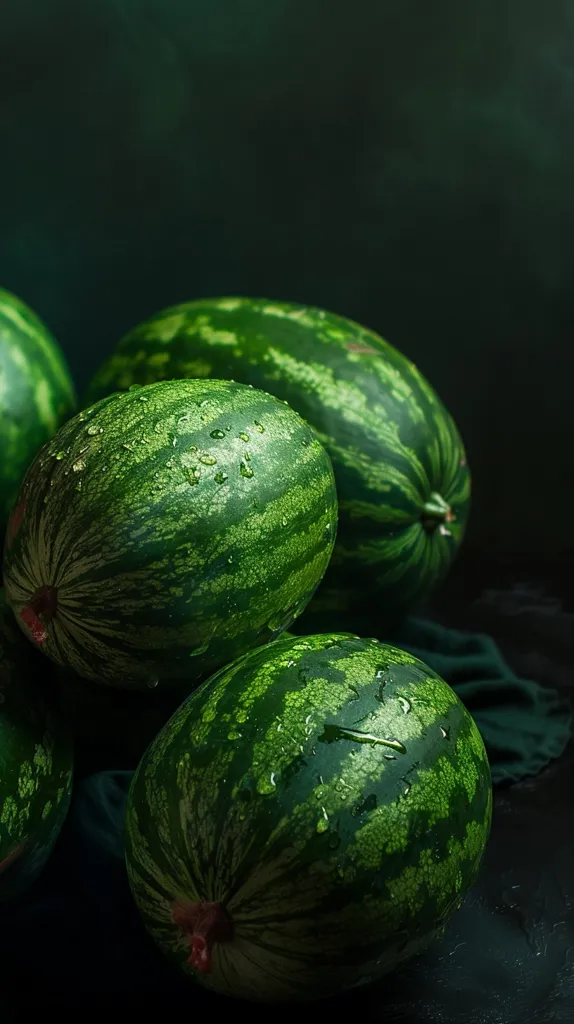 Four watermelons, one large and three smaller, are arranged in a pile on a dark green surface. The watermelons are green with dark green stripes and have a slightly wet appearance, with droplets of water clinging to their surfaces. The background is a deep, dark green, creating a sense of depth and contrast. The overall composition is simple but visually striking, highlighting the natural beauty of the watermelons.