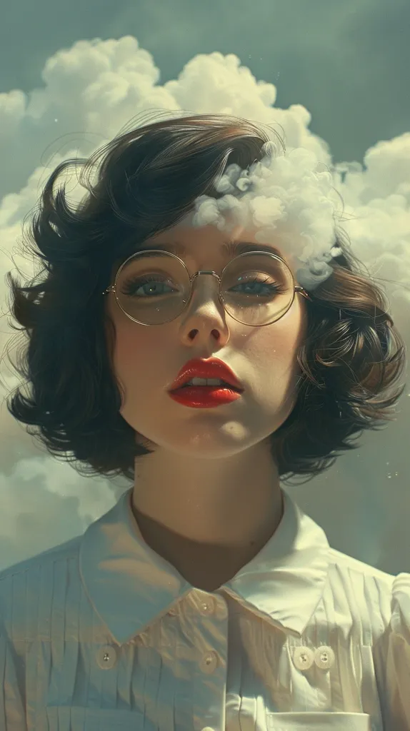 A woman with short dark hair, wearing round, gold-rimmed glasses and a white collared shirt, gazes intently at the viewer. Her red lips are painted boldly, and a cloud appears to be floating above her head. The background is a dreamy blur of blue and white, suggesting a sky or clouds. The overall mood is ethereal and melancholic.