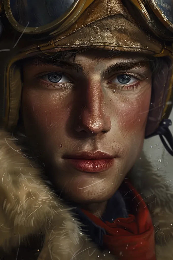 The image depicts a close-up portrait of a young man wearing a leather aviator helmet with goggles. His eyes are a piercing blue, and his expression is determined yet vulnerable. The soft lighting casts a warm glow on his face, which is covered in a light dusting of snow. He wears a fur-lined jacket, suggesting he's braving cold weather conditions. The overall image evokes a sense of adventure and resilience.