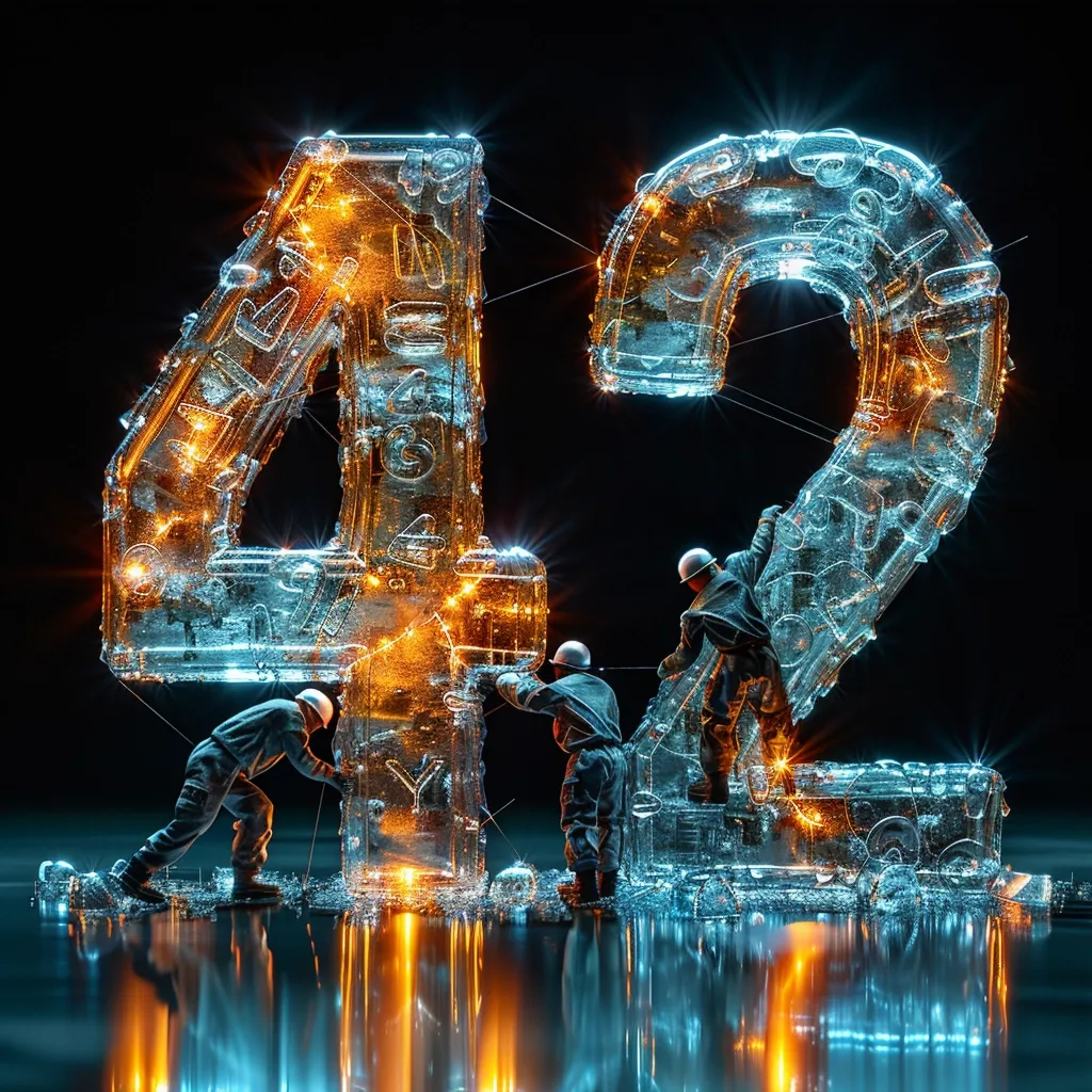 The image depicts the number 42, formed from large, translucent, ice-like blocks. The blocks are lit from within with a warm, orange glow. Three figures in blue overalls and hard hats are working on the structure. The figures are dwarfed by the large scale of the numbers, highlighting the immense nature of the project. The image has a futuristic and industrial feel.  The overall effect is striking and evokes a sense of awe and wonder.