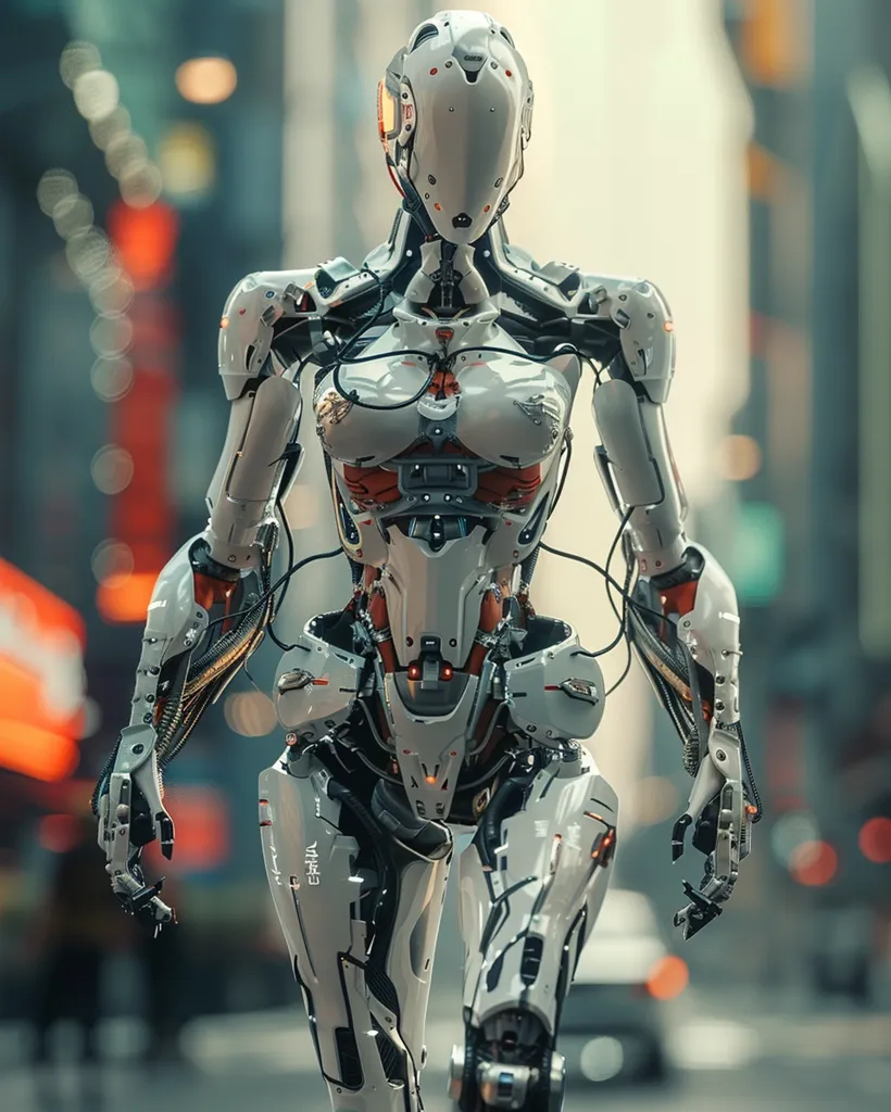 A humanoid robot with a white and grey metallic body stands in the middle of a city street. It has a sleek, modern design with exposed wires and gears. The robot's head is covered in a helmet with a visor. It is walking forward, its arms extended at its sides. The background is blurred, showing the urban environment. The robot is a captivating example of advanced technology and futuristic design.