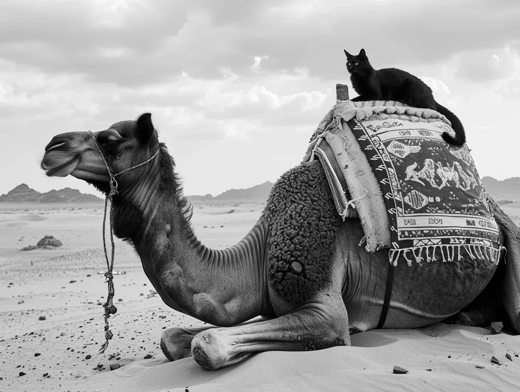 A camel sits in a sandy desert, its back adorned with a patterned saddle. A black cat sits atop the saddle, looking directly at the camera. The scene is captured in a monochrome palette, highlighting the textures of the camel's fur and the intricate patterns of the saddle. The image evokes a sense of tranquility and the vastness of the desert landscape.