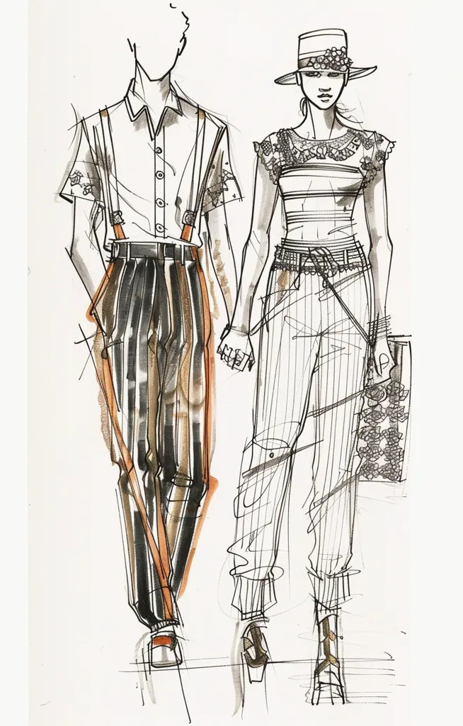 The image is a fashion illustration of two models. The model on the left is wearing a white button-up shirt with suspenders, black and white striped pants, and brown shoes. The model on the right is wearing a white crop top with black lace detailing, black and white striped pants, a hat, and brown shoes. The illustration is done in black ink with some watercolor washes. The models are sketched in a simple style, with emphasis on the clothing details. The image is a quick and playful depiction of a fashion concept.
