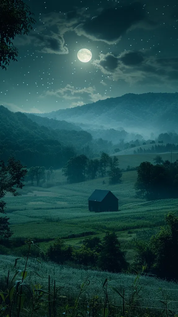 A lone farmhouse sits on a misty hillside under a bright full moon. The sky is filled with stars, and the surrounding hills are shrouded in fog. The scene is peaceful and serene, evoking a sense of quiet solitude.