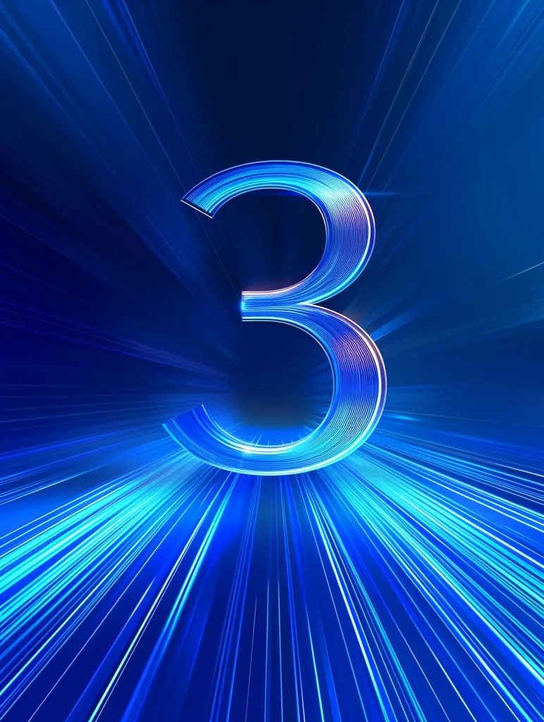 The image is of the number three, rendered in a 3D style with a metallic blue and white gradient. It is centered against a background of bright blue and white lines, which radiate outwards from the number, creating a sense of speed and movement. The lines are soft and blurred, adding to the sense of dynamism. The overall effect is of a futuristic and energetic design.