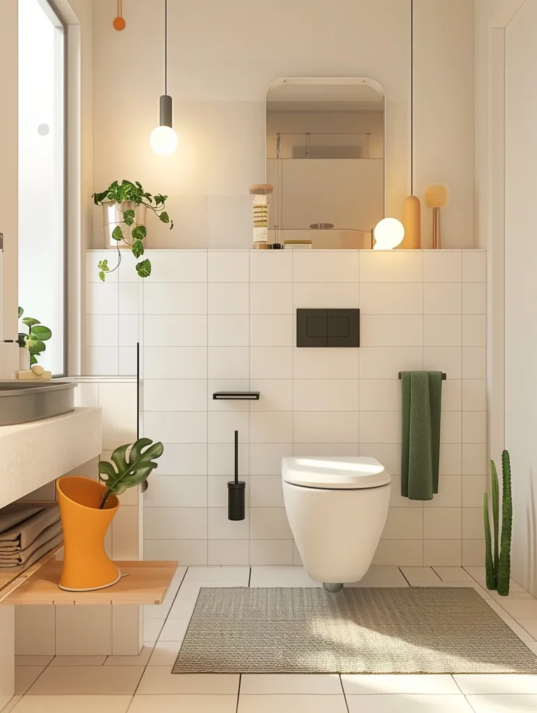 The bathroom is a minimalist space with white tiled walls, a white toilet, and a grey rug. A single lightbulb hangs from the ceiling and a large, arched mirror hangs above the toilet. A small green plant sits on a shelf and a green towel hangs on the wall. The space is clean and simple.