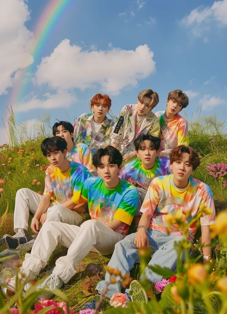 Seven young men are sitting in a field of flowers, smiling. They are wearing colorful, tie-dye shirts and white pants.  Behind them, a rainbow arcs through the sky. The photo has a bright and playful atmosphere, capturing the joy of youth and friendship.