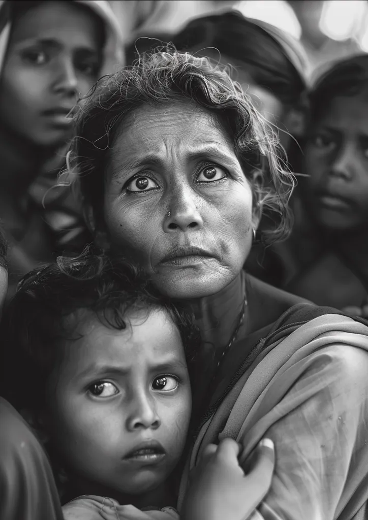 A woman with intense eyes and a worried expression holds a young child close. The child, also with a concerned look, stares into the distance. The image is in black and white, emphasizing the emotions on the faces. The woman's hand rests protectively on the child's shoulder, creating a sense of safety and closeness. The image conveys a feeling of vulnerability and uncertainty.