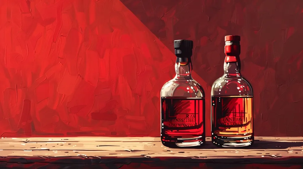 Two glass bottles of alcohol stand on a wooden surface in front of a red wall. The bottles are filled with dark liquid, and their labels are partially visible. The bottles are in focus, while the background is out of focus. The image has a warm and inviting feel.  The bottles are both resting on a wooden surface that is in focus. The image is painted in a realistic style, with attention to detail.  It appears to be a still life, with the bottles as the subject.