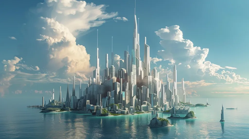 A futuristic city built on a series of small islands in a vast ocean. The city is made up of towering skyscrapers, all of which are white, and the sky is a clear blue with fluffy white clouds. The ocean is a calm turquoise blue, and there is a small boat in the distance. The image is a beautiful and serene depiction of a utopian future.