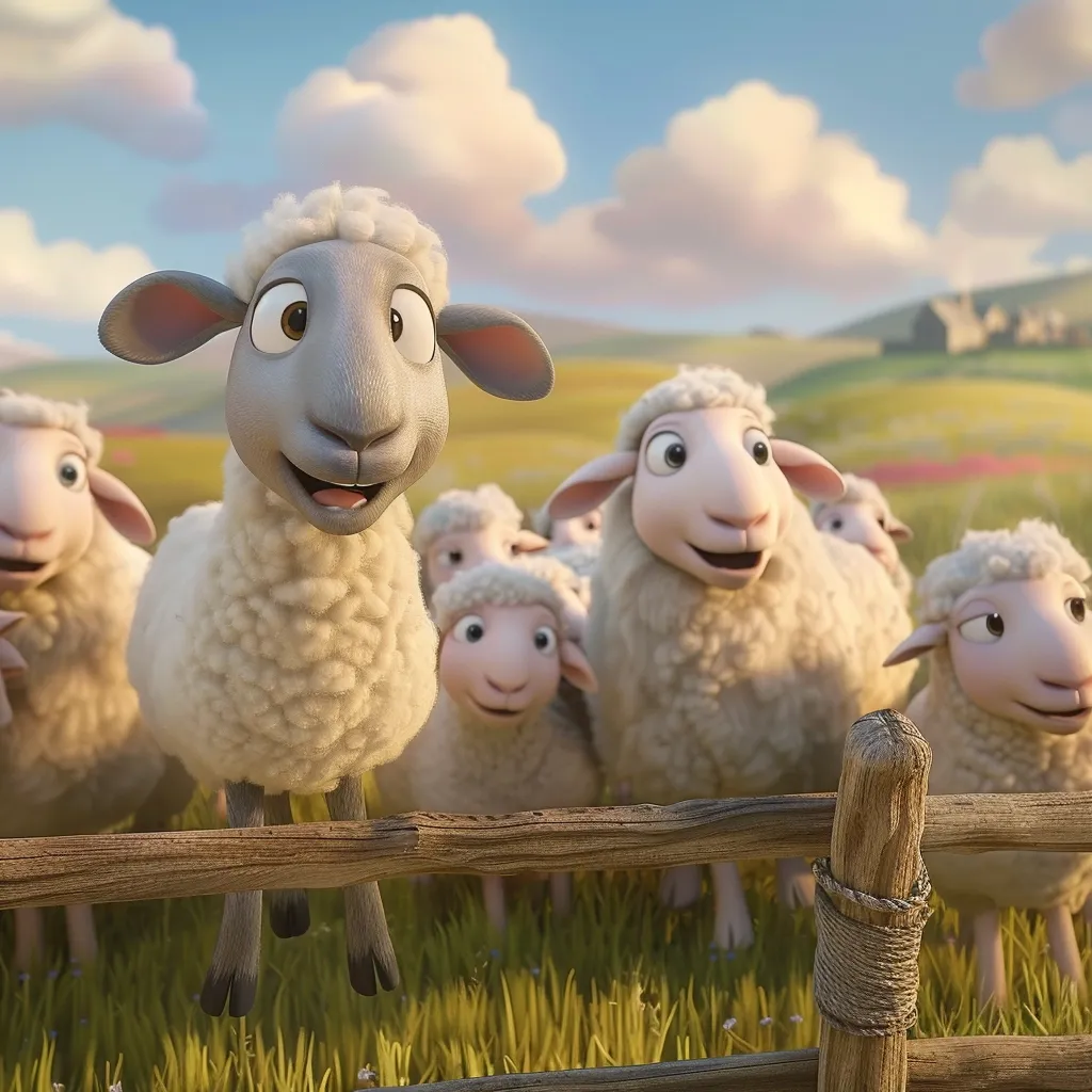 A group of sheep, animated and fluffy, stand by a wooden fence in a grassy field. The sheep have happy expressions, and the one in the foreground is balancing on the fence, looking towards the camera. The background shows a blurred landscape of hills and a cloudy sky. The image is bright and cheerful.