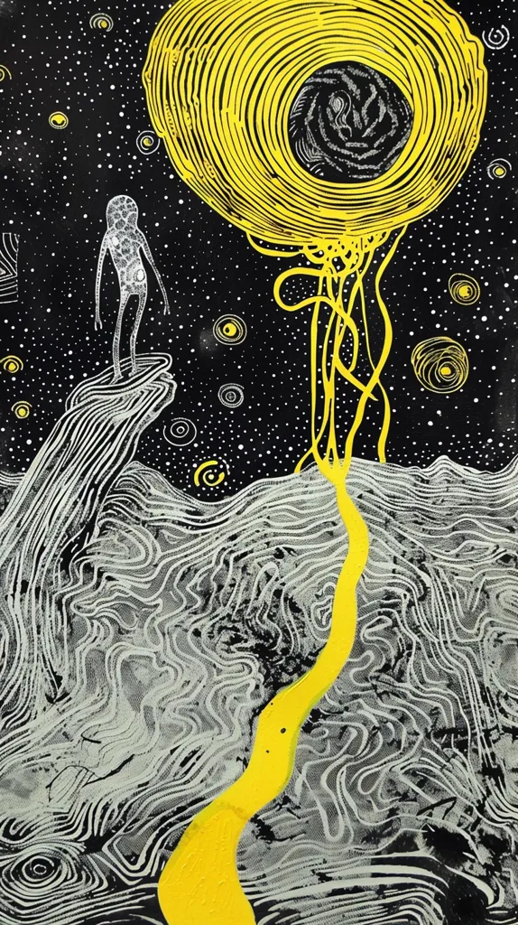 The image depicts a surreal landscape with a large, yellow, spiral-shaped object floating above a black and white world. The object resembles a sun or a celestial body, with a swirling pattern and a black center. A thin, elongated figure stands on a rock outcropping, looking up at the object. The ground below is covered in swirling, abstract patterns, suggesting a fantastical and dreamlike environment. A bright yellow path runs from the object to the ground, connecting the celestial and terrestrial realms. The image is rendered in a stark, graphic style, with bold lines and contrasting colors. The composition is dynamic and intriguing, leaving room for interpretation and imagination.