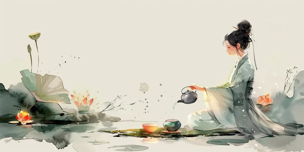 A woman in a flowing, pale green robe sits by a still pond, pouring tea from a dark teapot into a bowl. The water reflects the woman and the surrounding lily pads and flowers. The scene is painted in soft, muted tones, conveying a sense of serenity and peace.