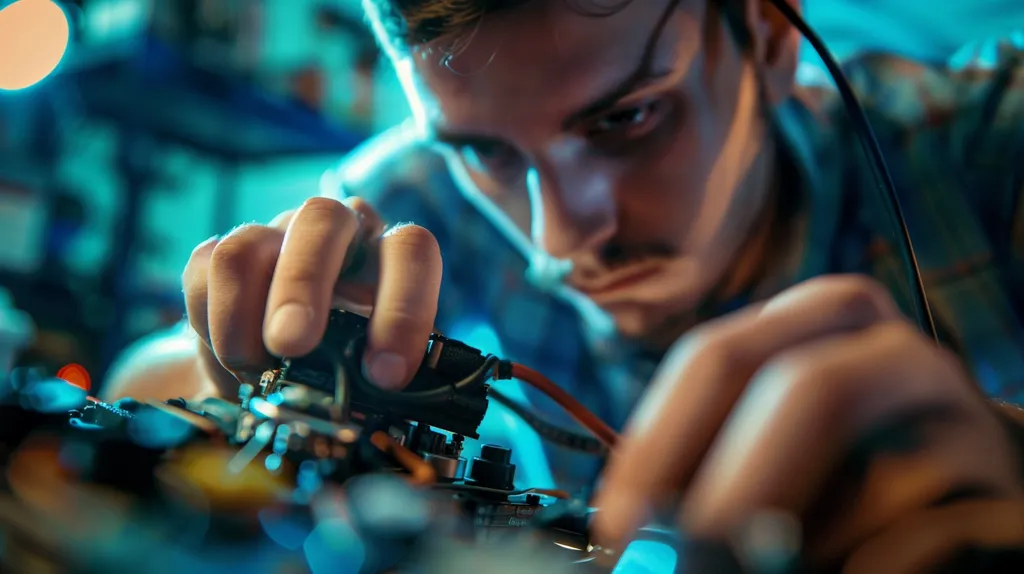 A man is working on a circuit board, his face is partially obscured by a cable. The image is shot from a low angle, emphasizing the man's focus and the complexity of the task at hand. The blue and purple lighting creates a moody and dramatic atmosphere. The image evokes a sense of technological expertise and precision.