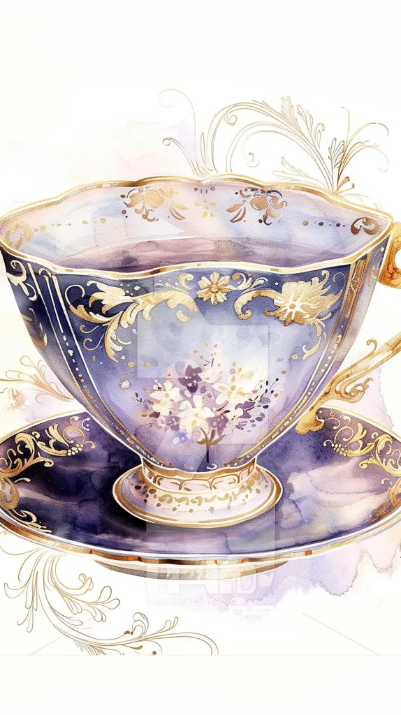 A watercolor painting of a delicate porcelain teacup and saucer. The cup is a deep purple with ornate gold detailing. The saucer is the same color with a gold rim. The background is a soft pink and white with gold filigree designs. The image evokes a sense of elegance and sophistication.