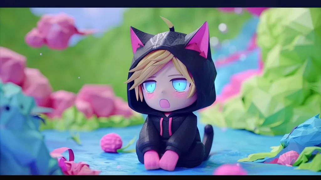 A small, cartoon-like figure with blonde hair and bright blue eyes is wearing a black hoodie with cat ears. The figure is sitting on a blue and pink surface with a large, pink flower behind it. The background is a blurred, colorful landscape of green, pink, and blue. The overall style of the image is whimsical and cute.