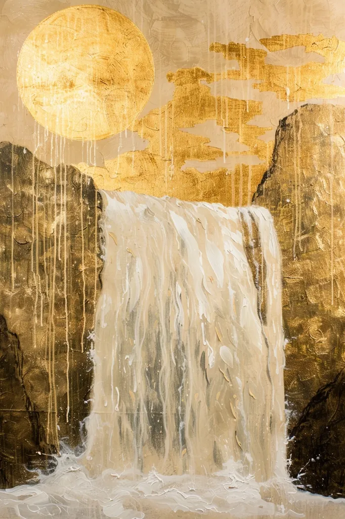 A painting depicts a waterfall cascading down a cliff face. The cliff is painted in a golden hue, with streaks of brown running down it. A large, round, golden moon hangs in the sky above the waterfall. The sky is also painted in golden tones. The image is abstract and uses bold brushstrokes to create a sense of movement and energy.