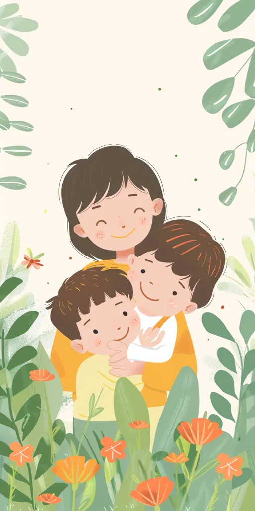 A mother and her two children are standing in a garden filled with green leaves and orange flowers. The mother has long brown hair and is wearing a yellow shirt. The children are holding onto her, one on each side. All three have big smiles on their faces. The image is drawn in a cartoon style with soft colors. It evokes a sense of happiness and family love.