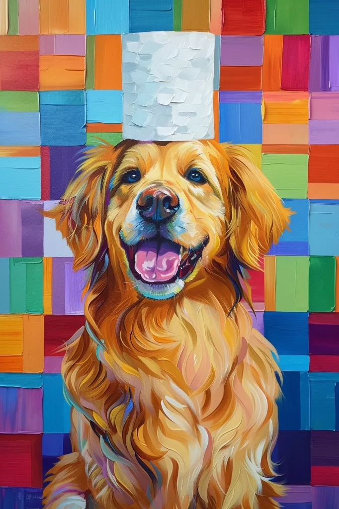 A golden retriever with a roll of toilet paper on its head is standing in front of a colorful grid background. The dog has a happy expression, its tongue sticking out. The painting is done in a vibrant, expressive style. The image is humorous and playful.
