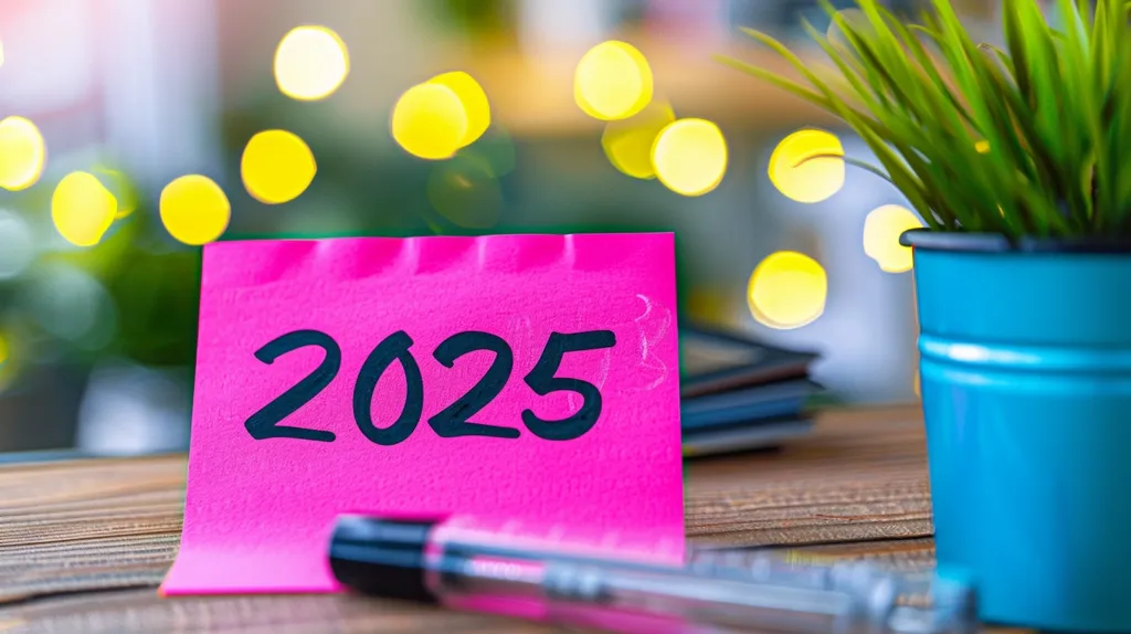 A pink sticky note with the year 2025 written in black marker sits on a wooden table with a black pen lying beside it. The background is blurry and features a plant in a blue pot and out-of-focus yellow lights.  The image evokes a sense of new beginnings and anticipation for the new year.