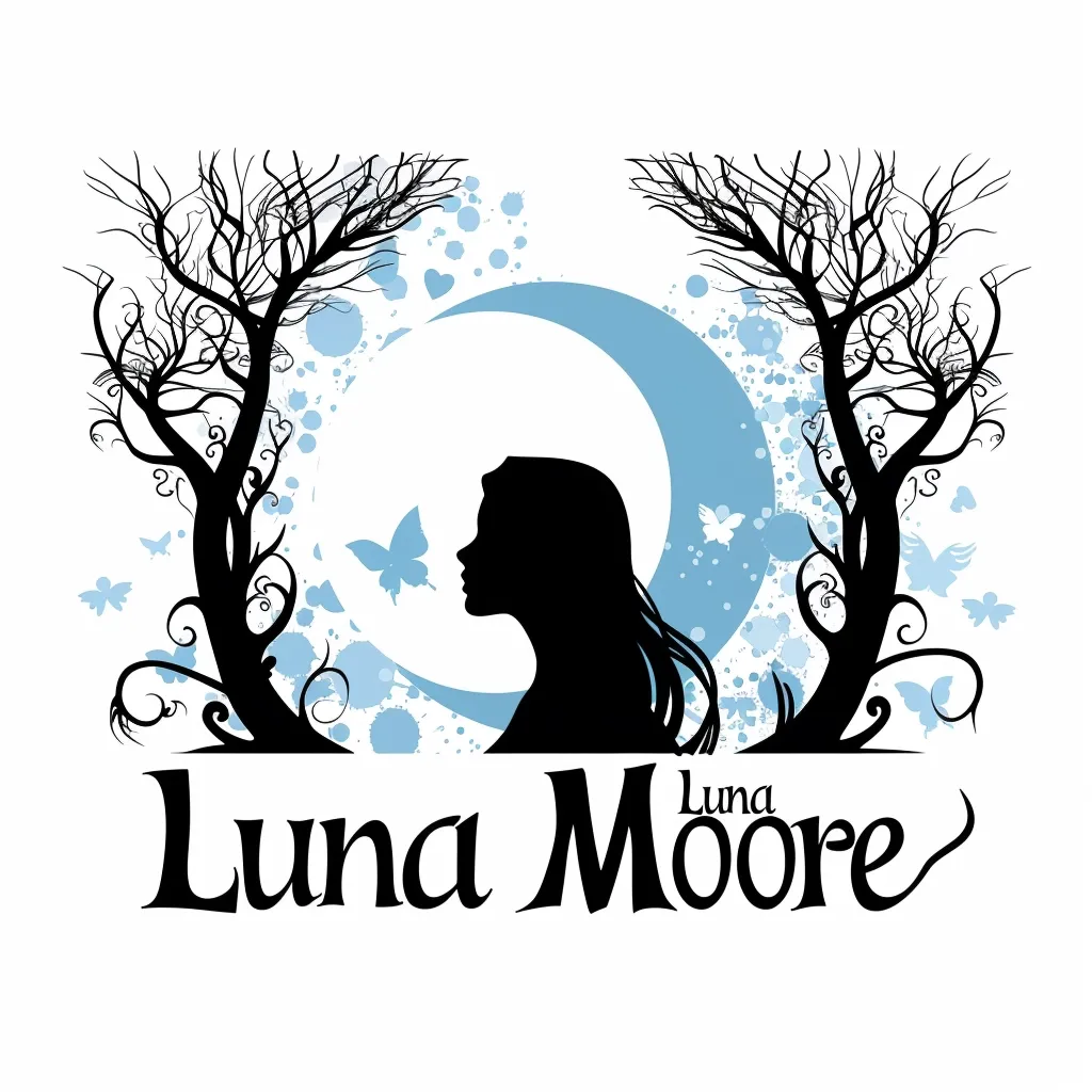 The image is a logo design for "Luna Moore". It features a silhouette of a woman's face with long hair, looking to the left. She is positioned in front of a crescent moon and two bare trees with intricate swirls. The background is filled with blue splashes and small butterflies. The name "Luna Moore" is written below in a stylized font.  The overall theme evokes a sense of whimsy and fantasy.
