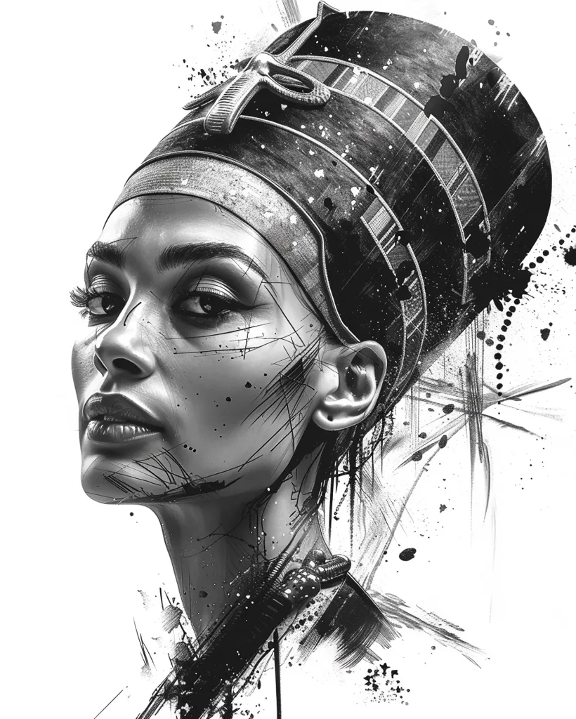 A black and white portrait of a woman wearing a traditional Egyptian headdress. Her face is angled upwards, her eyes are closed and her lips are slightly parted. The image is rendered in a stylized manner, with bold strokes and splashes of paint creating a sense of dynamism and movement.  The background is white with scattered black ink splatter.