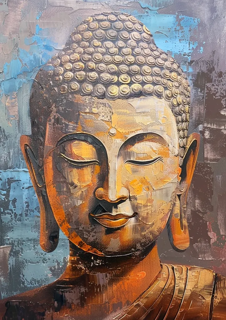 The image is a close-up painting of a serene Buddha, with his eyes closed, radiating tranquility. The painting utilizes a textured, brushstroke style, creating a sense of depth and spirituality. The warm tones of gold, brown, and orange evoke a sense of peace and enlightenment, while the blue hues in the background provide a contrasting element. The image is a representation of Buddha's teachings of peace, compassion, and inner harmony.
